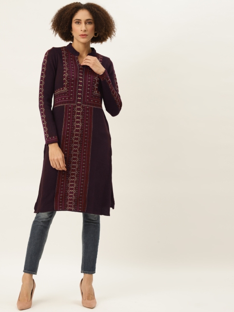 

American Eye Women Burgundy & Red Ethnic Motifs Printed Winter Kurta