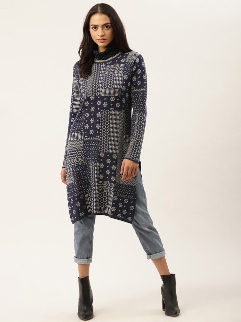 

American Eye Women Navy Blue & Grey Self-Design Winter Straight Kurta