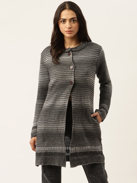 

American Eye Women Charcoal Grey Striped Longline Cardigan