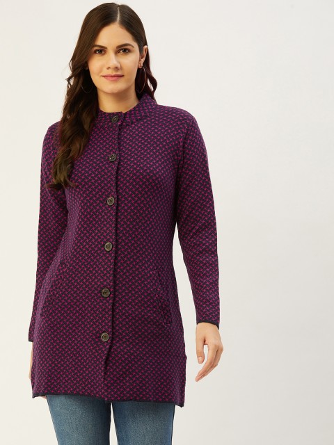 

American Eye Women Navy Blue & Pink Self-Design Longline Cardigan
