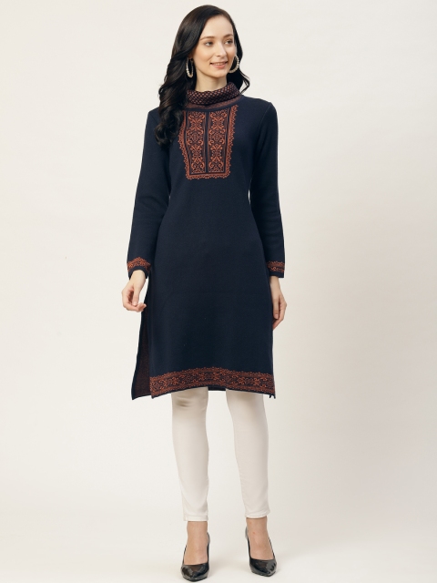 

American Eye Women Navy Blue & Orange Ethnic Motifs Yoke Design Straight Winter Kurta