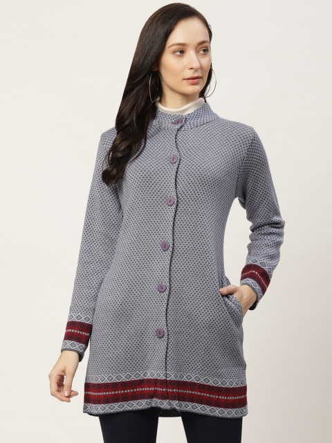 

American Eye Women Blue Geometric Woven Design Longline Cardigan