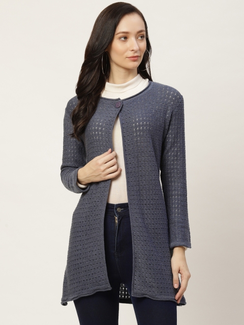 

American Eye Women Navy Blue Open Knit Longline Cardigan