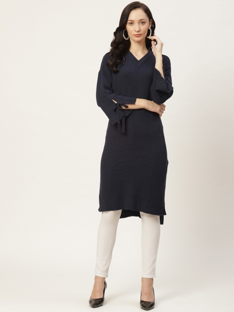 

American Eye Women Navy Blue Solid Flared Sleeves Knitted Winter Kurta