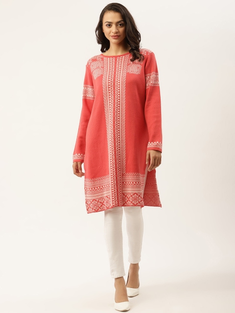 

American Eye Women Coral Pink & White Colourblocked Winter Kurta