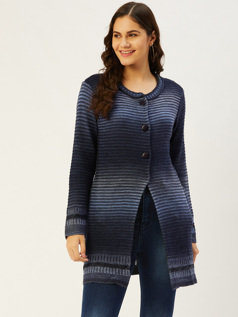 

American Eye Women Blue Self-Striped Longline Cardigan