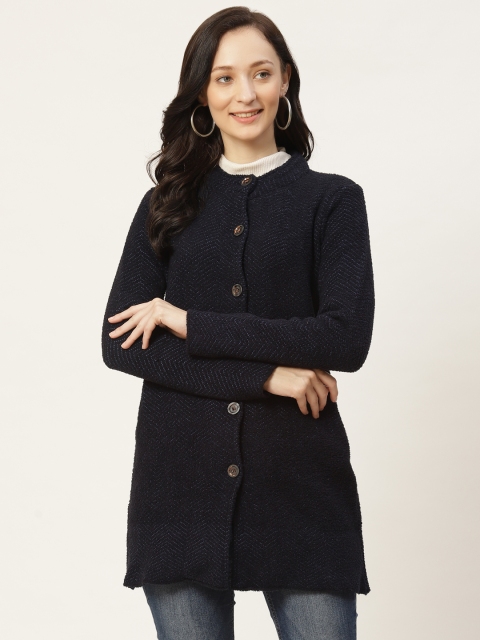 

American Eye Women Navy Blue Chevron Patterned Longline Cardigan