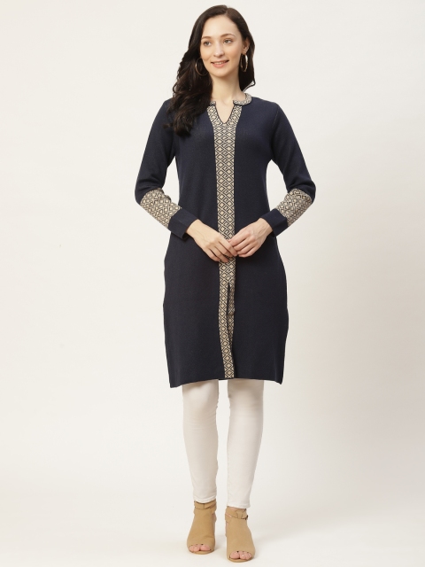 

American Eye Women Navy Blue Solid Straight Winter Kurta