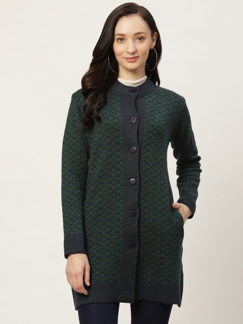 

American Eye Women Green & Navy Blue Floral Design Longline Cardigan