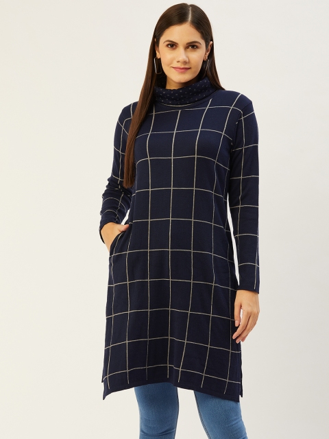 

American Eye Women Navy Blue & Grey Melange Checked Straight Winter Kurta