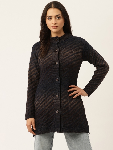 

American Eye Women Navy Blue & Taupe Striped Longline Cardigan