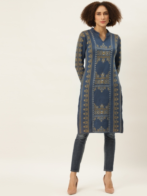 

American Eye Women Grey & Yellow Ethnic Motifs Knitted Winter Kurta