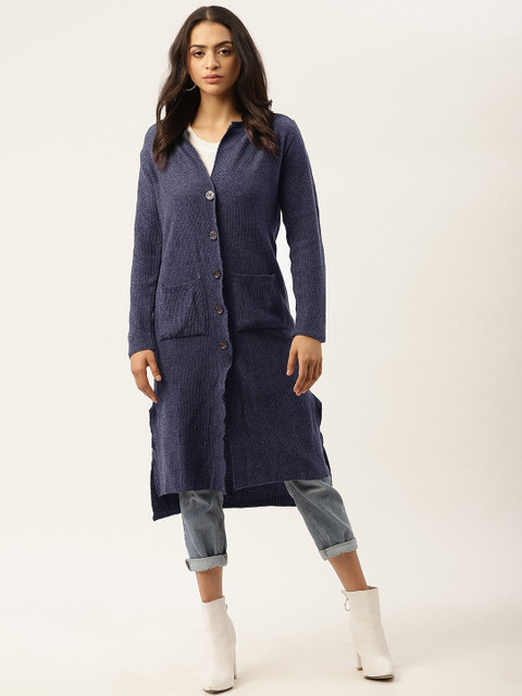 

American Eye Women Navy Blue Solid Longline Cardigan