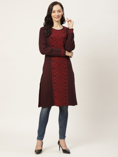 

American Eye Women Maroon Self-Design Knitted Winter Kurta