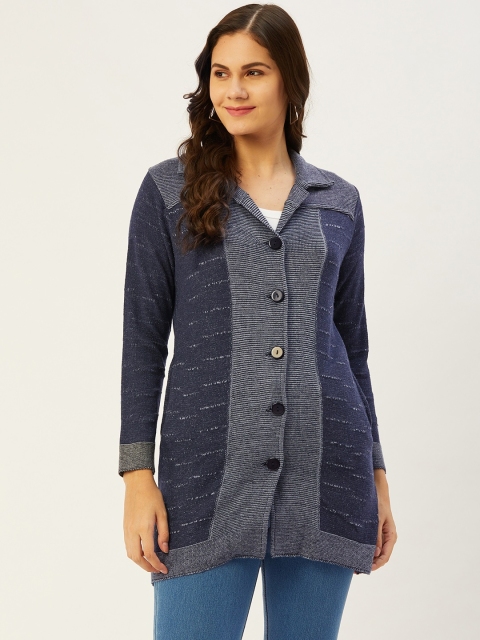 

American Eye Women Navy Blue & Grey Self-Design Cardigan