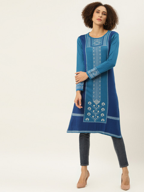 

American Eye Women Navy Blue & White Ethnic Motifs Printed Winter Kurta