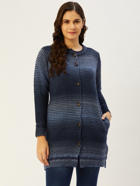 

American Eye Women Blue Striped Longline Cardigan