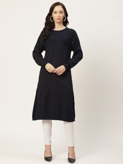 

American Eye Women Navy Blue Solid Knitted Winter Kurta