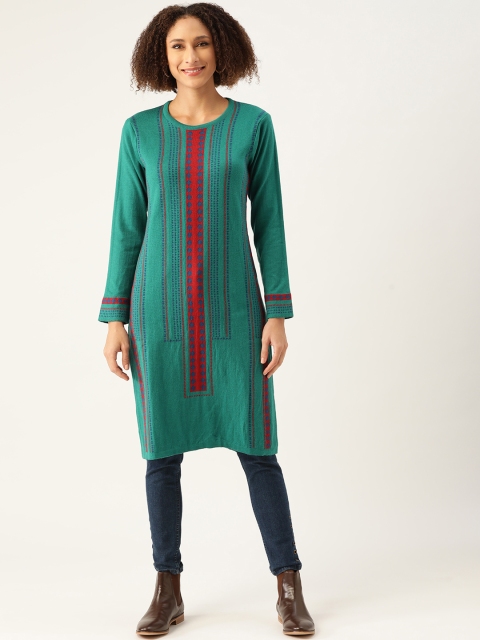 

American Eye Women Green & Red Striped Winter Kurta