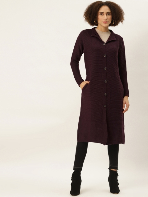

American Eye Women Burgundy Self-Striped Longline Cardigan
