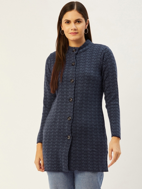

American Eye Women Navy Blue Self-Design Cardigan