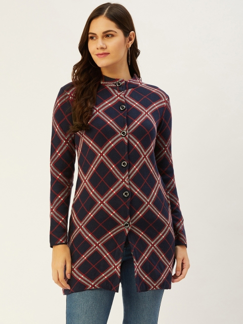 

American Eye Women Navy Blue & Red Checked Cardigan