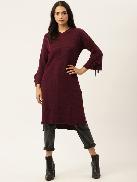 

American Eye Women Maroon Ribbed Straight Winter Kurta