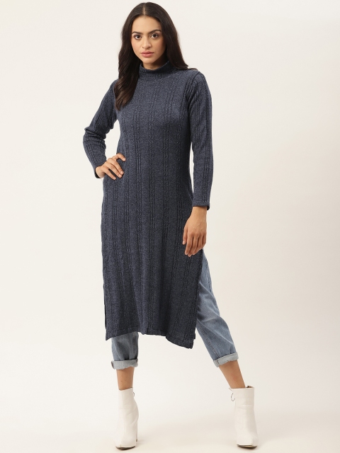 

American Eye Women Navy Blue Striped Winter Kurta