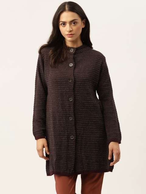 

American Eye Women Charcoal Grey & Maroon Striped Longline Cardigan