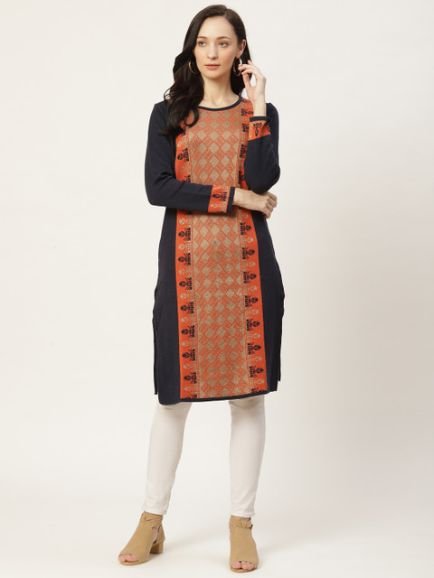 

American Eye Women Navy Blue & Orange Ethnic Motifs Woven Design Knitted Winter Kurta