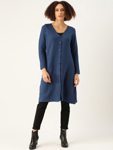 

American Eye Women Navy Blue Solid Longline Cardigan