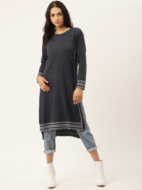 

American Eye Women Navy Blue Solid High Low Straight Kurta