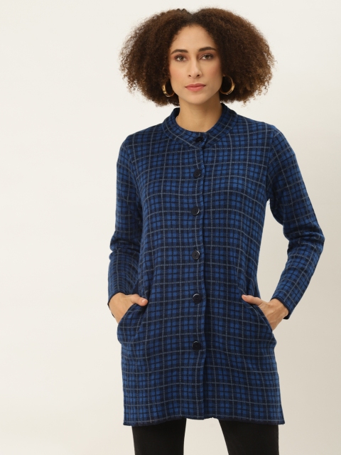 

American Eye Women Blue & Black Checked Longline Cardigan