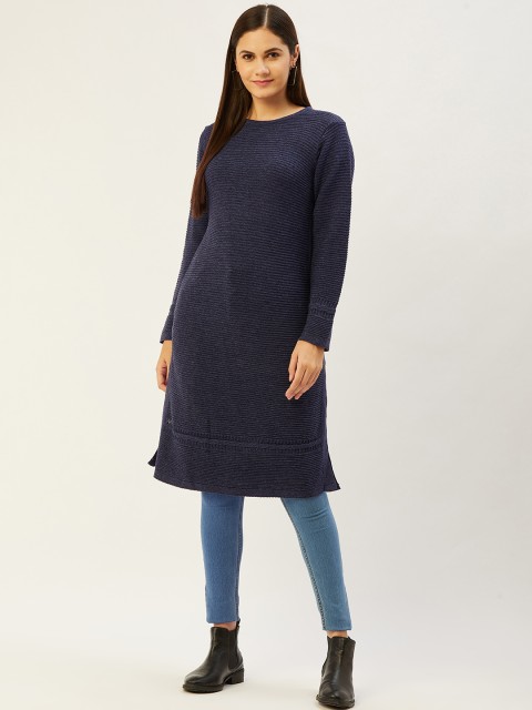 

American Eye Women Blue Ribbed Straight Winter Kurta, Navy blue