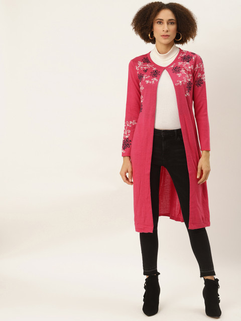 

American Eye Women Pink & White Floral Printed Longline Front-Open Sweater