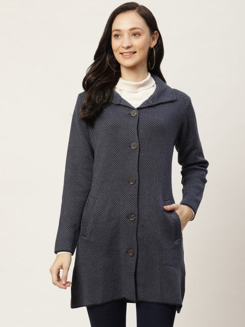 

American Eye Women Navy Blue Self Designed Longline Cardigan Sweater