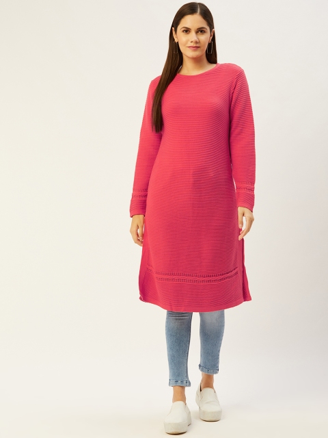 

American Eye Women Coral Pink Self-Striped Straight Winter Kurta