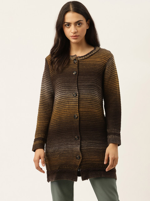 

American Eye Women Coffee Brown & Mustard Yellow Striped Longline Cardigan