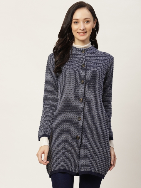 

American Eye Women Navy Blue Striped Longline Cardigan