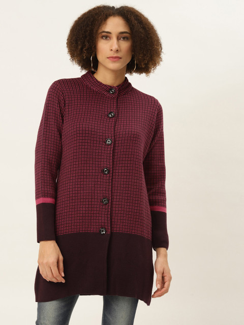 

American Eye Women Pink & Brown Checked Longline Cardigan