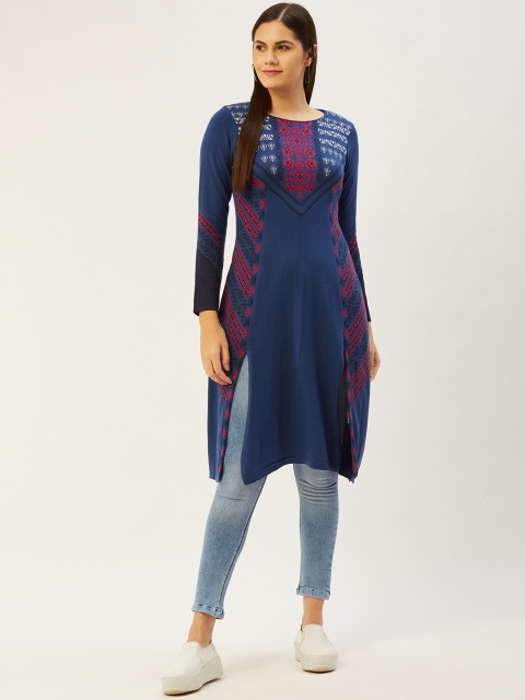 

American Eye Women Blue & Pink Ethnic Motifs Self-Design Winter Straight Kurta