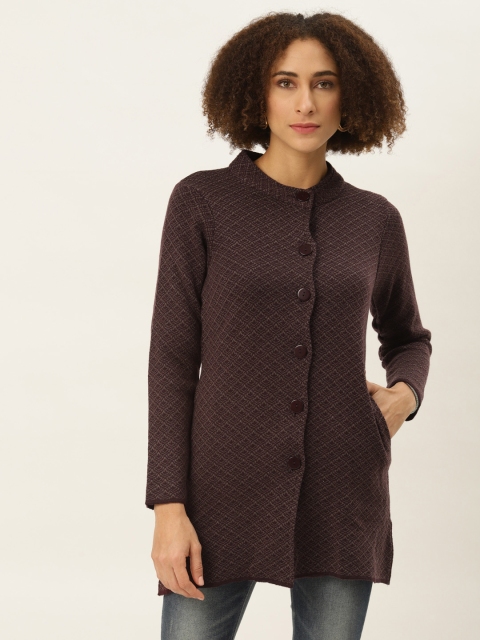 

American Eye Women Maroon Self-Design Longline Cardigan