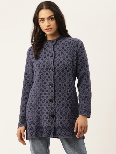 

American Eye Women Blue Geometric Self Design Cardigan