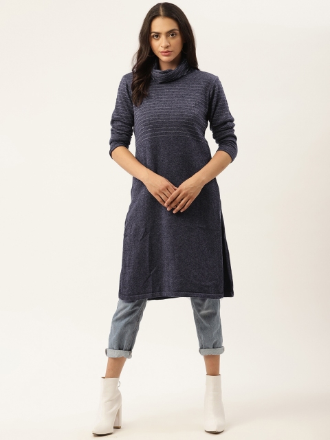 

American Eye Women Navy Blue Striped Winter Kurta