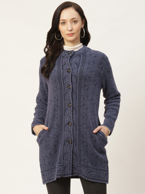 

American Eye Women Blue Self-Design Longline Cardigan