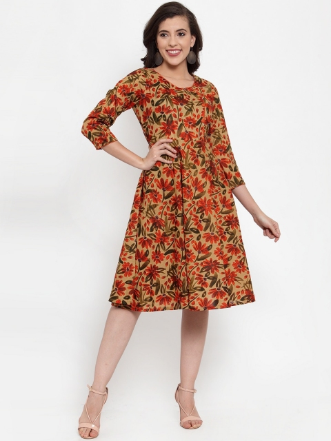 

Jompers Women Brown & Orange Floral Fit& Flare Dress