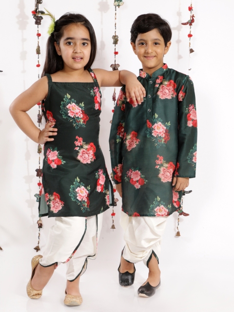 

VASTRAMAY Boys Green Floral Printed Kurta with Dhoti Pants