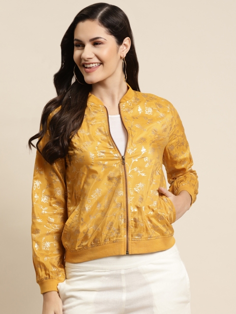 

Juniper Women Mustard Gold Floral Lightweight Bomber Jacket