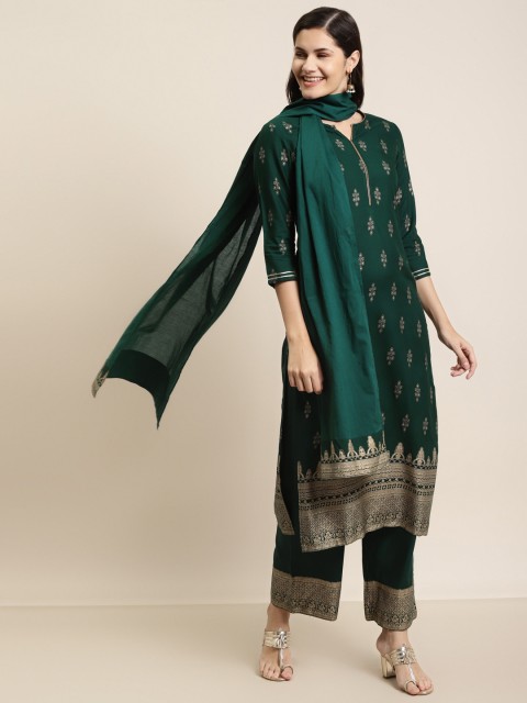 

Juniper Women Green Ethnic Motifs Printed Regular Liva Kurta with Palazzos & Dupatta