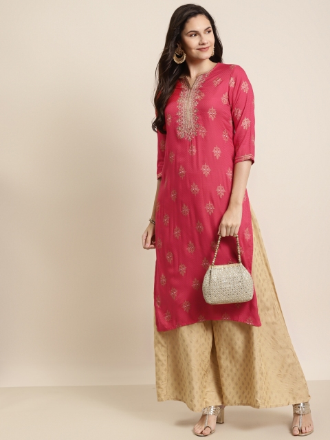 

Juniper Women Fuchsia & Gold Ethnic Motifs Printed Indie Prints Liva Dobby Liva Kurta